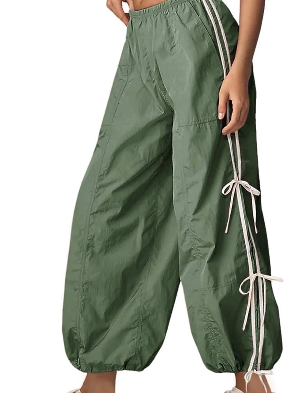 Olive Green Wide-Leg Track Pants with Side Tie Detail - size medium
